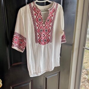 Boho Chic Embroidered Blouse in White and Red
